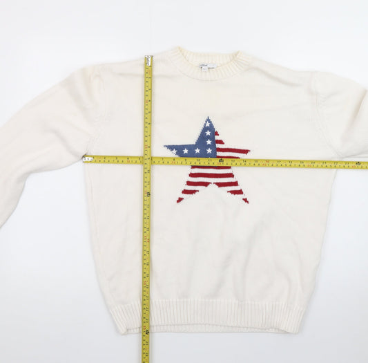 Subdued Women White Crew Neck Star Patriotic Cotton Blend Jumper M