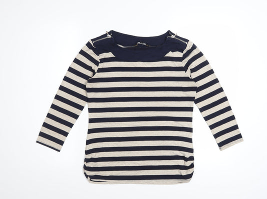 Additional front view of Principles by Ben de Lisi Women's Blue Beige Striped 3/4 Sleeve Boat Neck Top, size 10