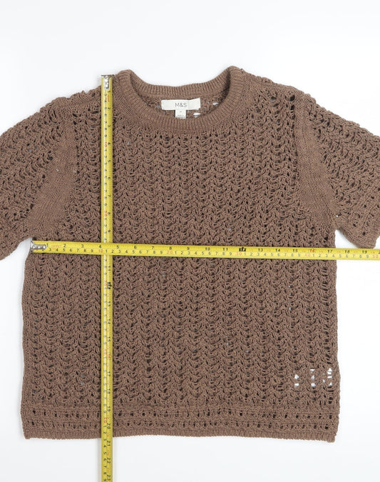 Marks and Spencer Women Brown Open-Knit Short Sleeve Cotton Jumper M