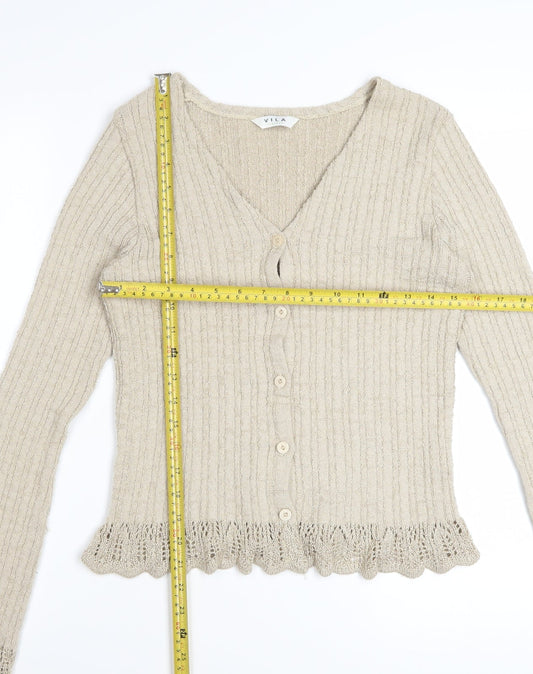 Vila Women Beige Ruffle V-Neck Knit Cardigan Size M