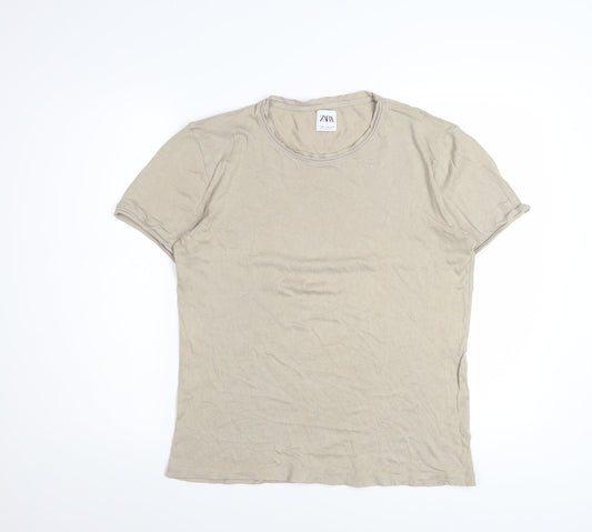 Zara Women Beige Cotton Basic Crew Neck T-Shirt Size 12