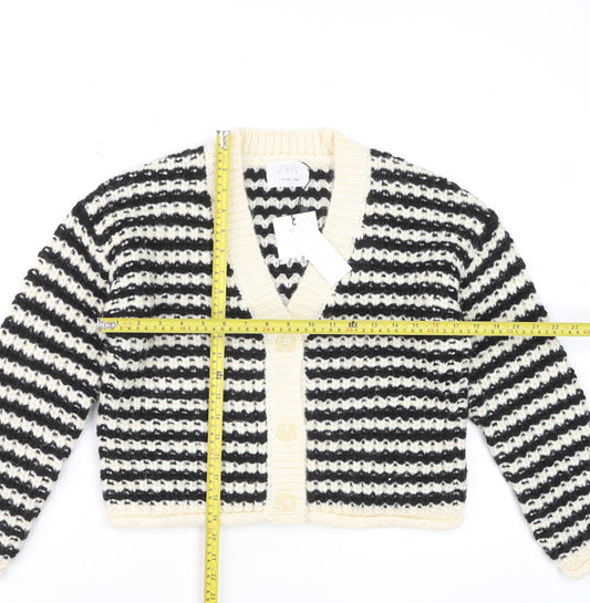 ZARA Girls Black & Beige Striped Cardigan 11-12 Years Acrylic Blend Knit