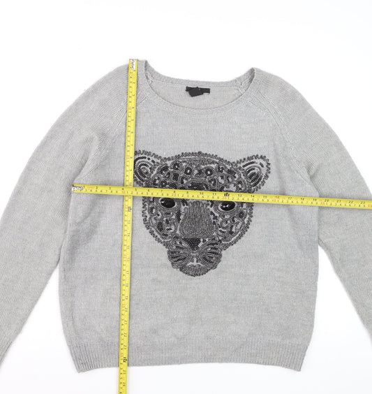 H&M Women Grey Beaded Animal Pullover Jumper Size 12