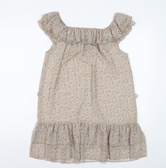 Additional front view of Dorothy Perkins Women’s Beige Floral Ruffle Shift Dress, size UK 14
