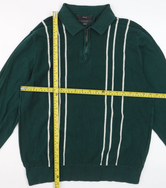 Marks and Spencer Men's Green Striped Cotton Half Zip Jumper Size L