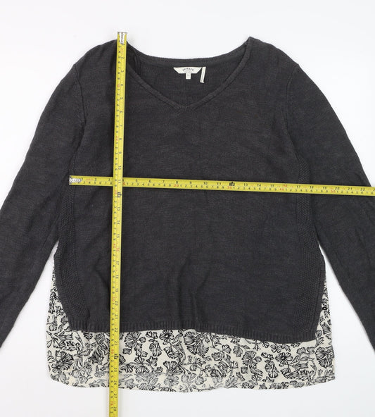 FatFace Women Black Size 12 V-Neck Cotton Knit Pullover Jumper