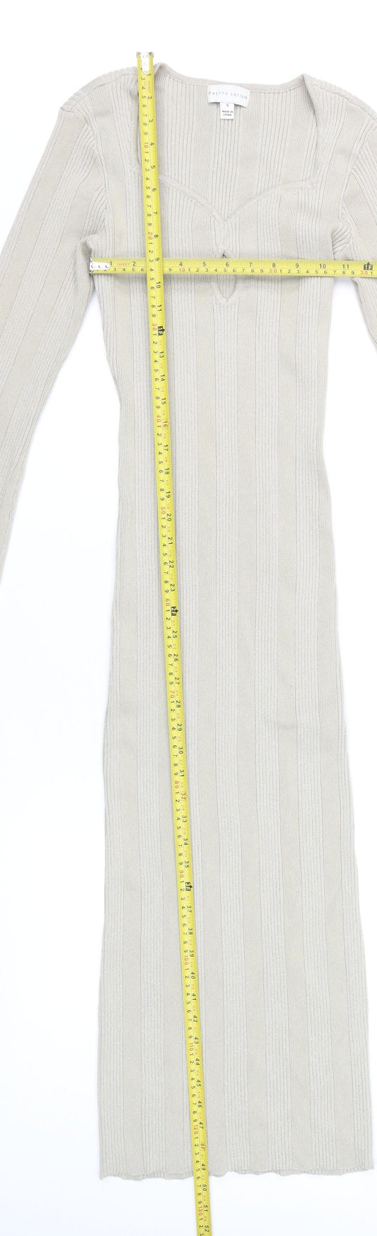Pretty Lavish Women Beige Ribbed Knit Bodycon Midi Dress S