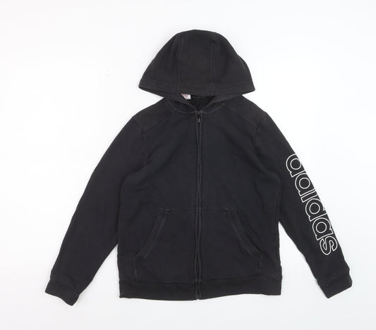 Additional front view of Adidas boys’ black full zip hoodie, size M, cotton blend graphic logo