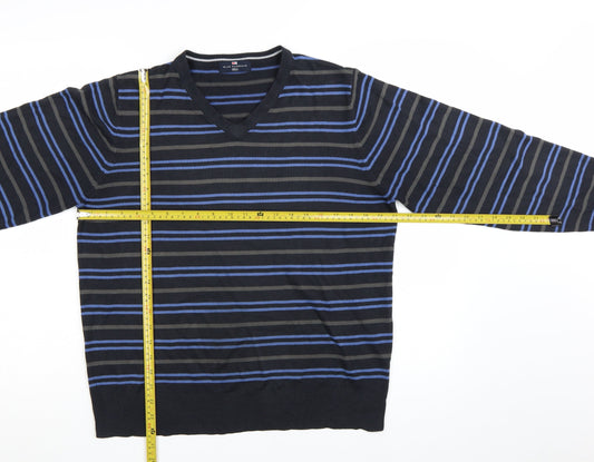 Marks and Spencer Blue Harbour Men's Blue Striped V-Neck Jumper Size L