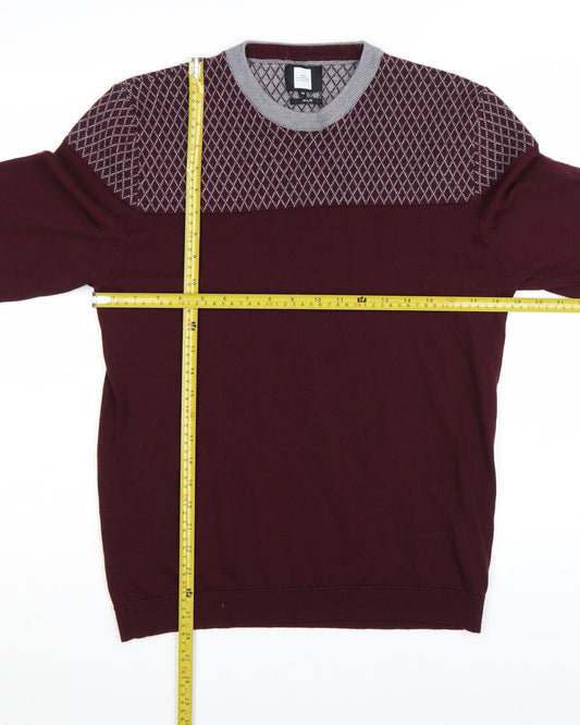 Moss London Men’s Red Slim Fit Argyle Pullover Jumper Size M