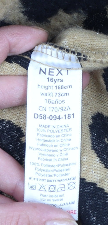 Brand and care label for Next girls’ brown leopard print fleece shirt jacket 16 years
