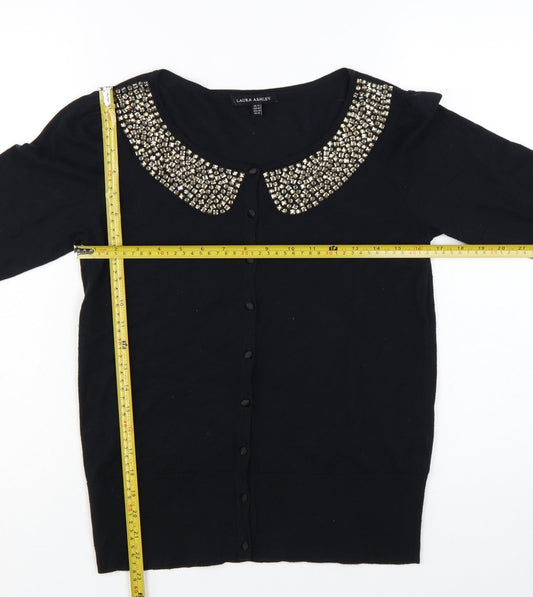 Laura Ashley Women's Black Beaded Collar 3/4 Sleeve Cardigan Size 14