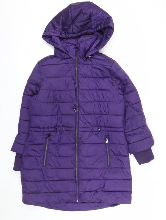 Additional front view of Gallery Women’s Purple Hooded Puffer Jacket UK 14 Lined Zip Coat