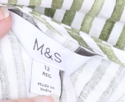 Marks and Spencer Womens Green Striped Linen Blend Midi A-Line Summer Dress Size 12