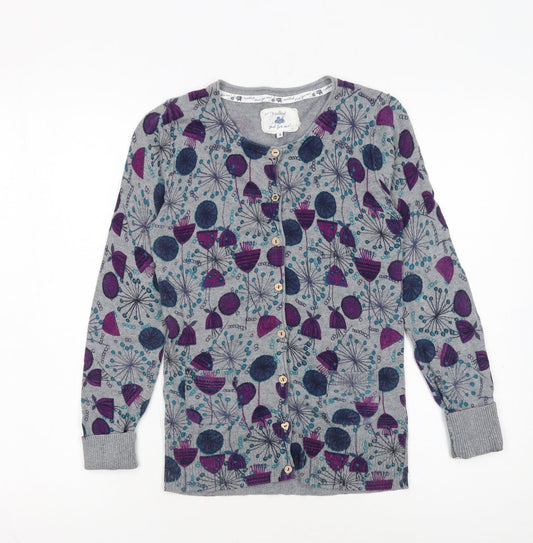 Additional front view of Mantaray Women’s Grey Floral Cotton Cardigan, size UK 8