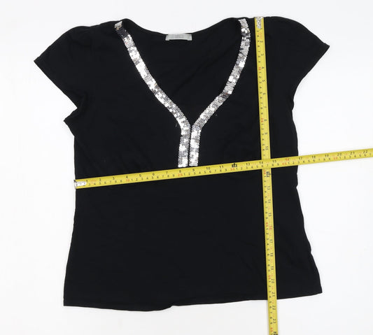 Marks and Spencer Women’s Black Sequin V-Neck Short Sleeve Cotton T-Shirt UK 14