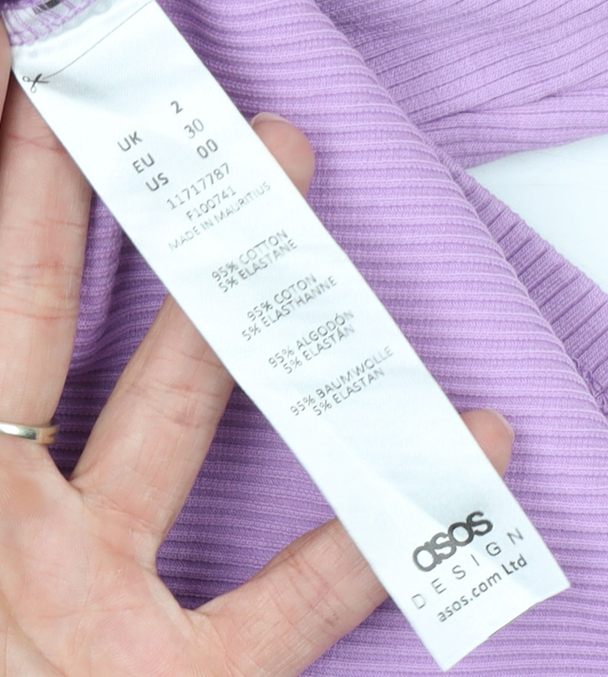 Brand and care label for ASOS DESIGN Women’s Purple Bodycon Knit Dress, size UK 2