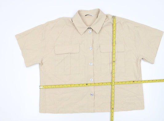 Tu Womens Beige Short Sleeve Collared Button-Up Linen Blend Shirt Size 22
