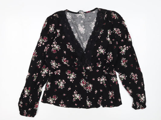 Dorothy Perkins Womens Black Floral Lace Trim V-Neck Blouse Size 12
