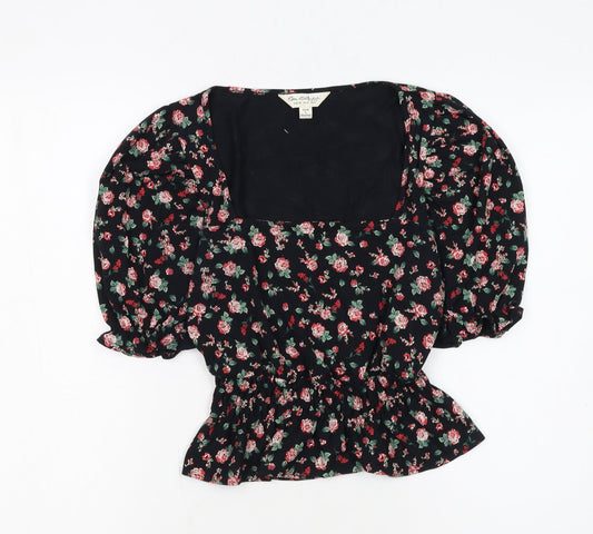 Additional front view of Miss Selfridge women’s black floral puff sleeve peplum blouse uk 8