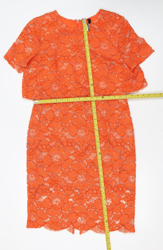Topshop Women Orange Lace Floral Sheath Dress Size 14