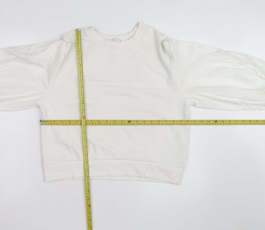 H&M Women’s White Puff Sleeve Bow Detail Cotton Jumper Size 12