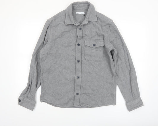 Zara Women Grey Cotton Flannel Long Sleeve Button-Up Shirt Size 12
