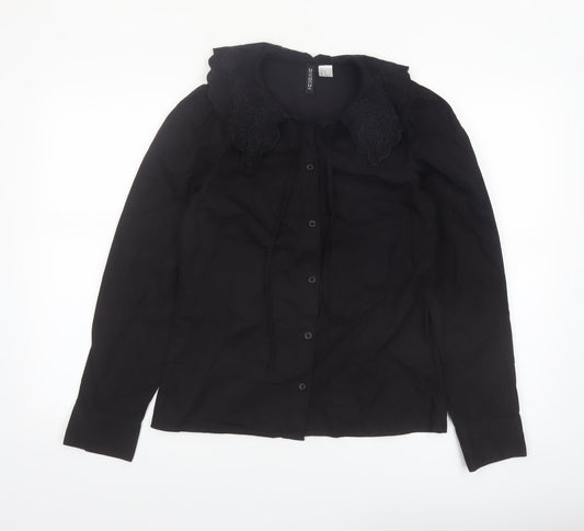 H&M Divided Women’s Black Cotton Embroidered Collar Long Sleeve Blouse XS
