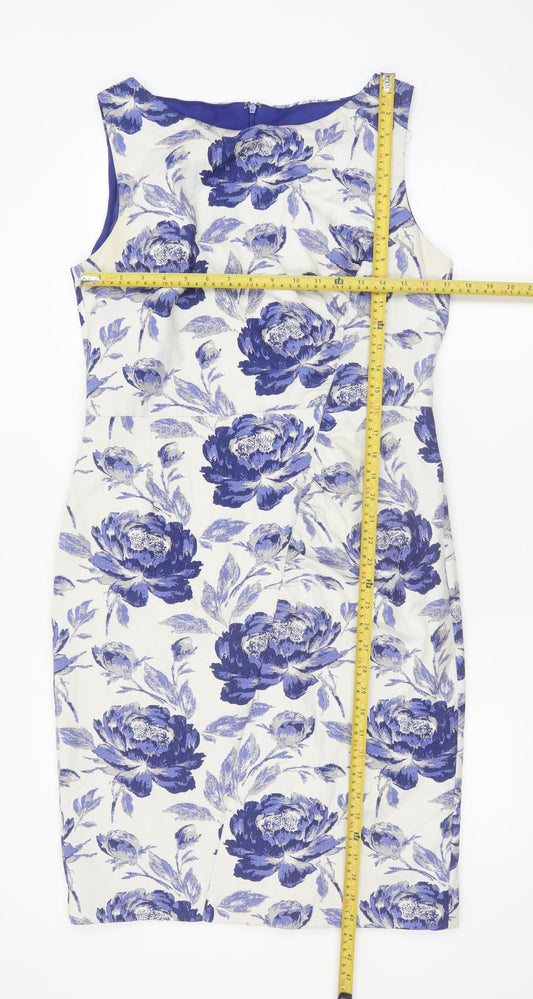 Phase Eight Women’s Blue Floral Sheath Dress Size 16 Sleeveless Knee Length
