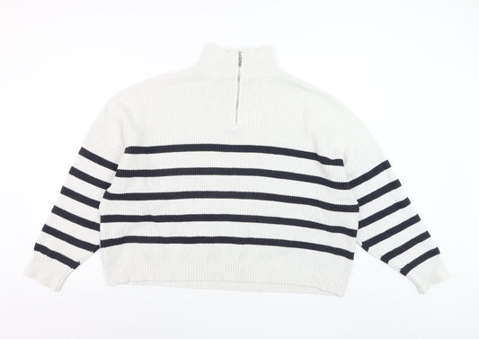 Mango Women’s White Striped Mock Neck 1/2 Zip Knit Jumper Size 14