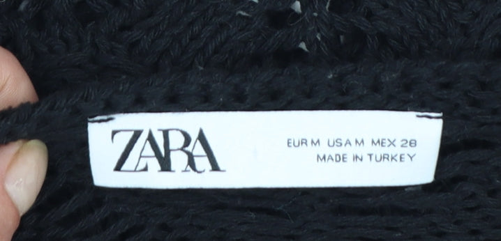 Zara Women Black Crochet Knit Long Sleeve V-Neck Jumper M