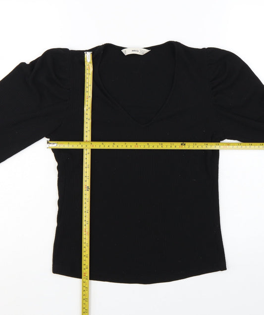 MNG Women Black V-Neck Slim Fit Long Sleeve Basic Top XS
