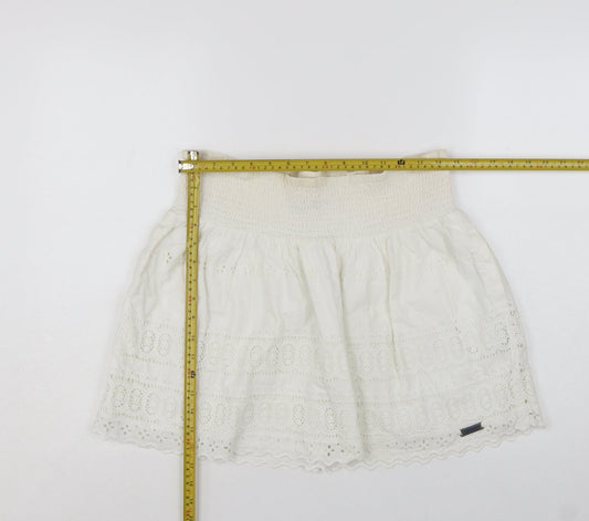 Superdry Women Ivory Cotton A-Line Broderie Short Skirt M