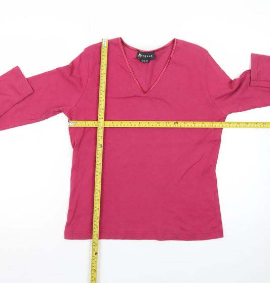 Monsoon Women Pink V-Neck Long Sleeve Cotton Basic Top Size 14