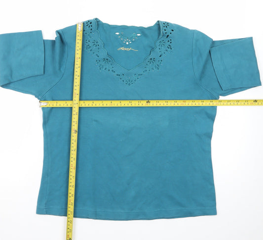 Dash Women’s Blue V-Neck Embroidered 3/4 Sleeve Pullover Jumper Size 14