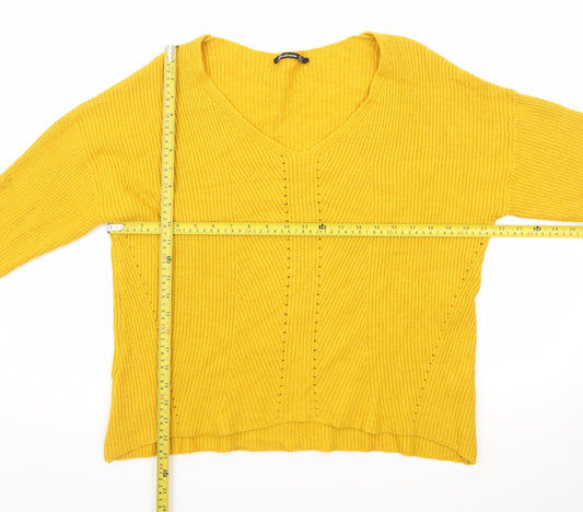 Stradivarius Women Yellow V-Neck Ribbed Knit Jumper Size 8