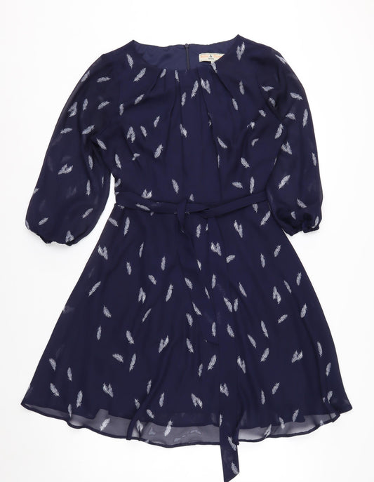 Additional front view of Billie & Blossom Petite Blue Feather Print Fit & Flare Dress, size 10