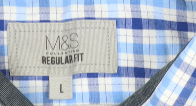 Marks and Spencer Men's Blue Checked Short Sleeve Regular Fit Cotton Shirt Size L