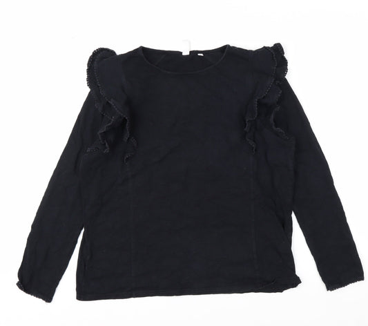 Marks & Spencer Womens Black Ruffle Long Sleeve Cotton Blouse Size 14