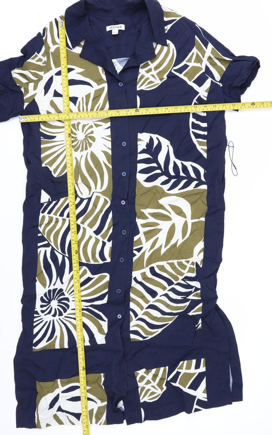 Jaeger Women’s Blue Tropical Shirt Dress Size 12 Midi Viscose