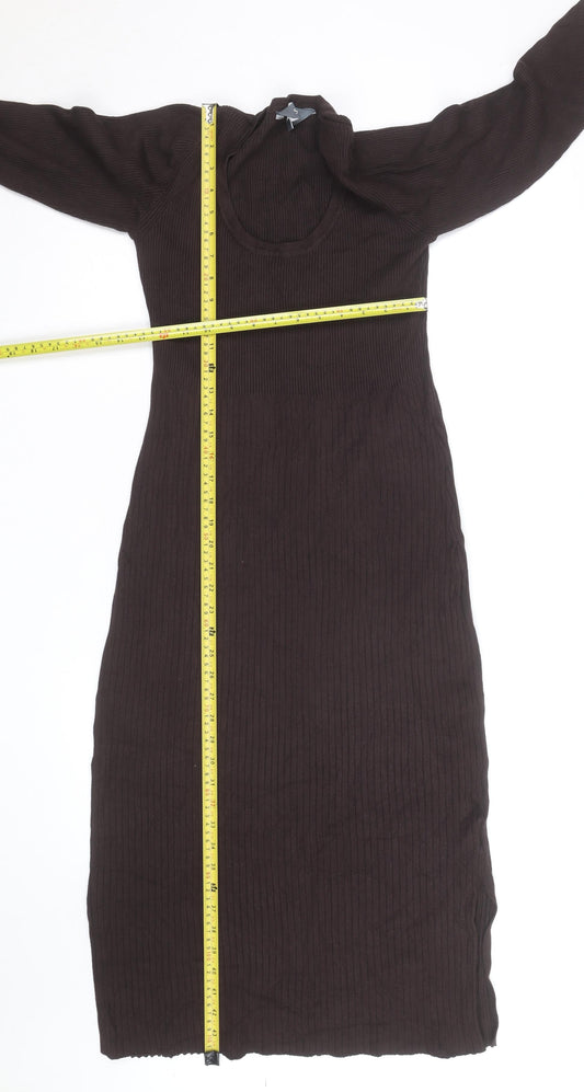 Sosandar Women Brown Ribbed Knit Midi Bodycon Dress Size 12