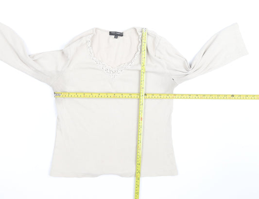 Debbie Morgan Women Beige V-Neck Lace Trim Stretch Jumper M