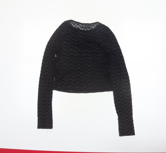 Additional front view of ASOS DESIGN Women's Black Mesh Textured Cropped Long Sleeve Blouse, size 10
