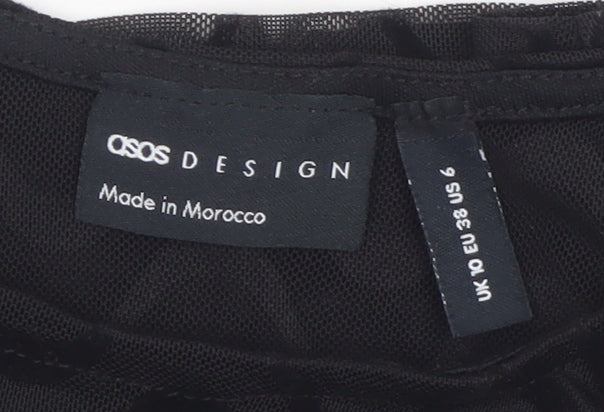 Brand and care label for ASOS DESIGN Women's Black Mesh Textured Cropped Long Sleeve Blouse, size 10