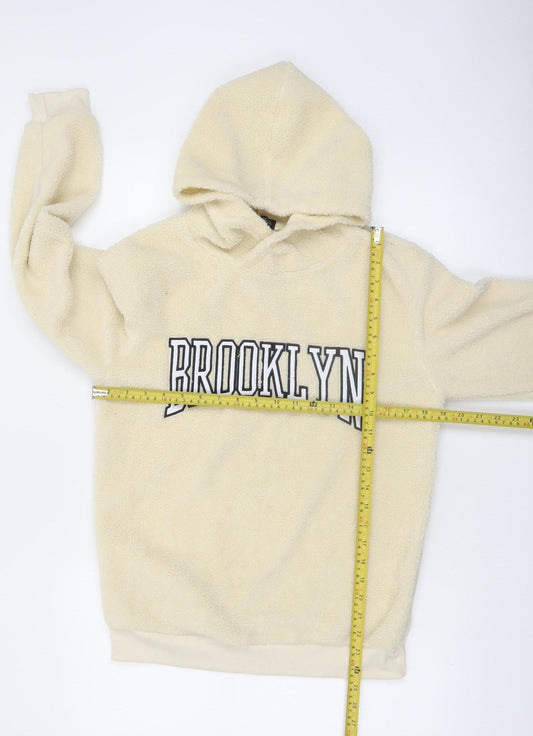 Brave Soul Women Beige Hooded Pullover Sweatshirt - Brooklyn Print Size M