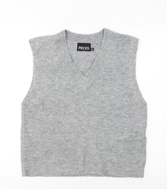 Pieces Women Grey Knit Sleeveless V-Neck Vest Jumper Size M