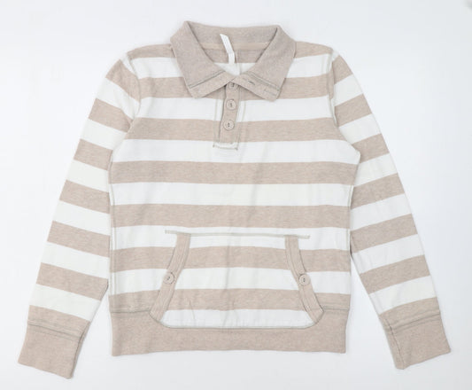 Marks & Spencer Women Beige Striped Henley Sweatshirt UK 10 Cotton