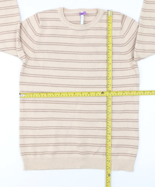 BHS Women Beige Striped Cotton Crew Neck Jumper Size 10