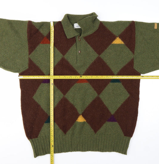 Pringle of Scotland Men's Green Argyle Wool Henley Jumper M