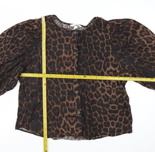 H&M Women’s Brown Leopard Print Linen Blend Puff Sleeve Blouse Size 14